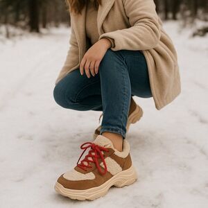 Jessica Simpson Sherpa Chunky Sneakers Women’s 10 Cozy Brown Red Laces Cozycore